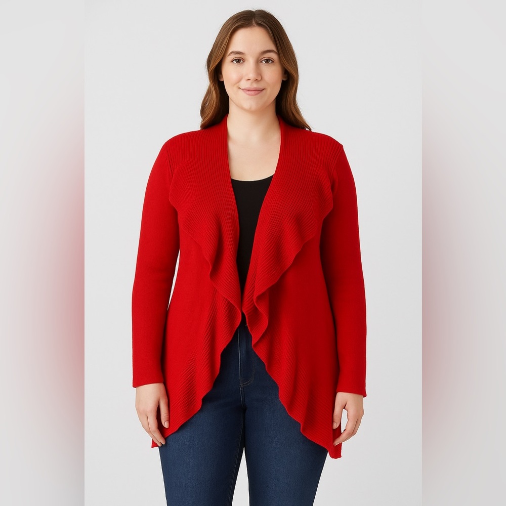 “Red Ruffle‎ Open Front Cardigan Sweater XL – Draped Ribbed Knit Layering Piece”
